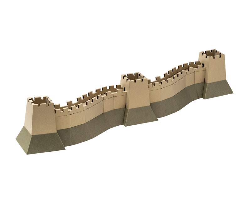 Assembled 3d paper model of the Great Wall of China. The model is made out of paper parts in beige and olive green color, it features three towers and two wall segments with crenellation.