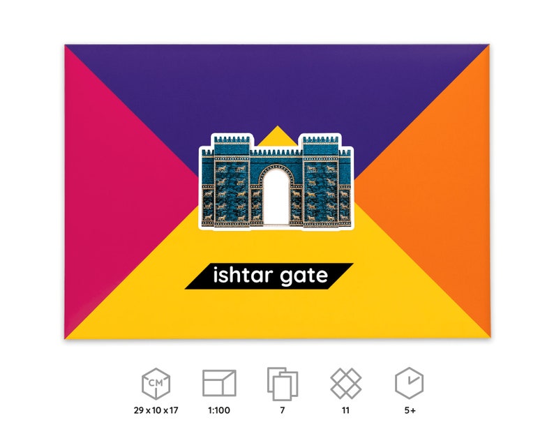Product packaging for Paperlandmarks Ishtar Gate paper model kit, icons below explain dimensions and scale of a finished model, number of worksheets included in the kit, parts to be cut out and assembled, time required for building the model.