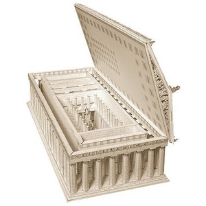 Assembled 3d paper model of the Parthenon. The model is placed in three quarters view featuring exterior with Doric colonade. The roof part is raised to display the interior details showing the statue of Athena surrounded by 23 smaller Doric colums.