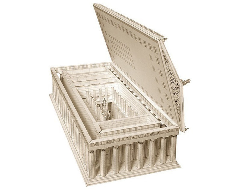 Assembled 3d paper model of the Parthenon. The model is placed in three quarters view featuring exterior with Doric colonade. The roof part is raised to display the interior details showing the statue of Athena surrounded by 23 smaller Doric colums.