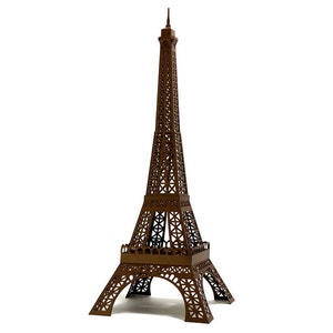 Bronze-colored 3d paper scale model of the Eiffel Tower, made out of pre-cut paper parts.