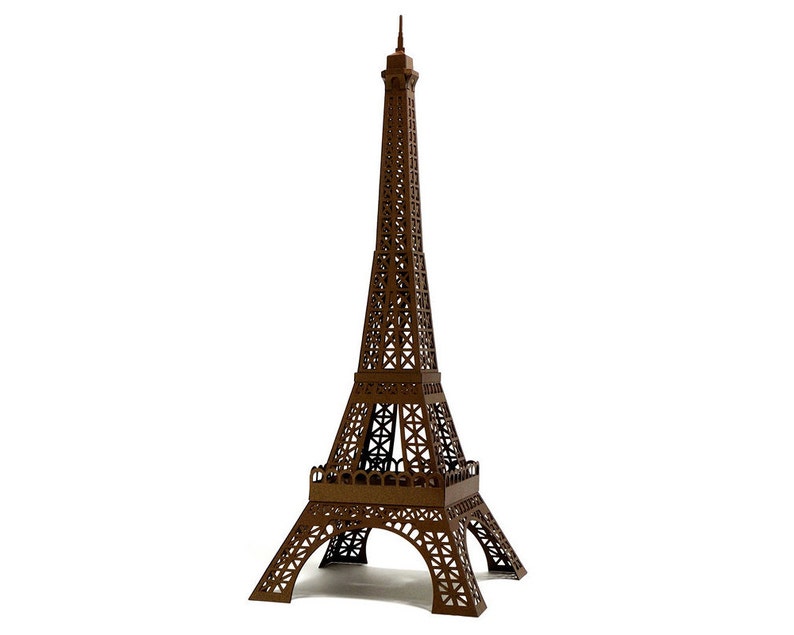 Bronze-colored 3d paper scale model of the Eiffel Tower, made out of pre-cut paper parts.