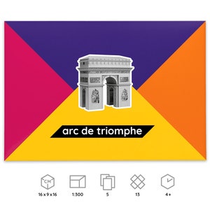 Packaging for the Arc de Triomphe paper model kit, icons below explain dimensions and scale of a finished model, number of worksheets included in the kit, parts to be cut out and assembled, time required for building the model.