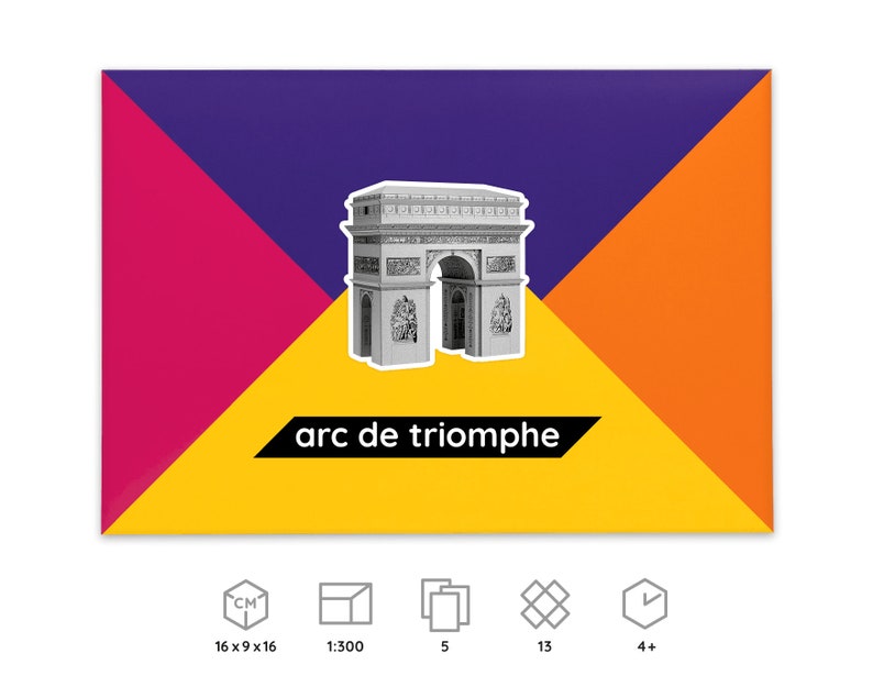 Packaging for the Arc de Triomphe paper model kit, icons below explain dimensions and scale of a finished model, number of worksheets included in the kit, parts to be cut out and assembled, time required for building the model.