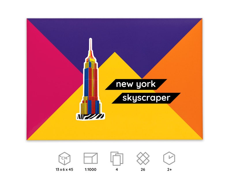Packaging for Paperlandmarks' New York Skyscraper paper model kit, icons below explain dimensions and scale of a finished model, number of worksheets included in the kit, parts to be cut out and assembled, time required for building the model.