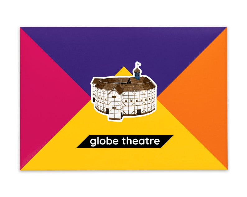Product packaging for the Globe Theatre paper model kit. A rectangular bright coloured cardstock envelope features four large triangles in yellow, magenta, purple and orange with an image of a finished model at the centre and the product title below.