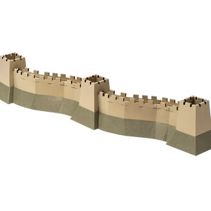 Assembled 3d paper model of the Great Wall of China. The model is made out of paper parts in beige and olive green color, it features three towers and two wall segments with crenellation.