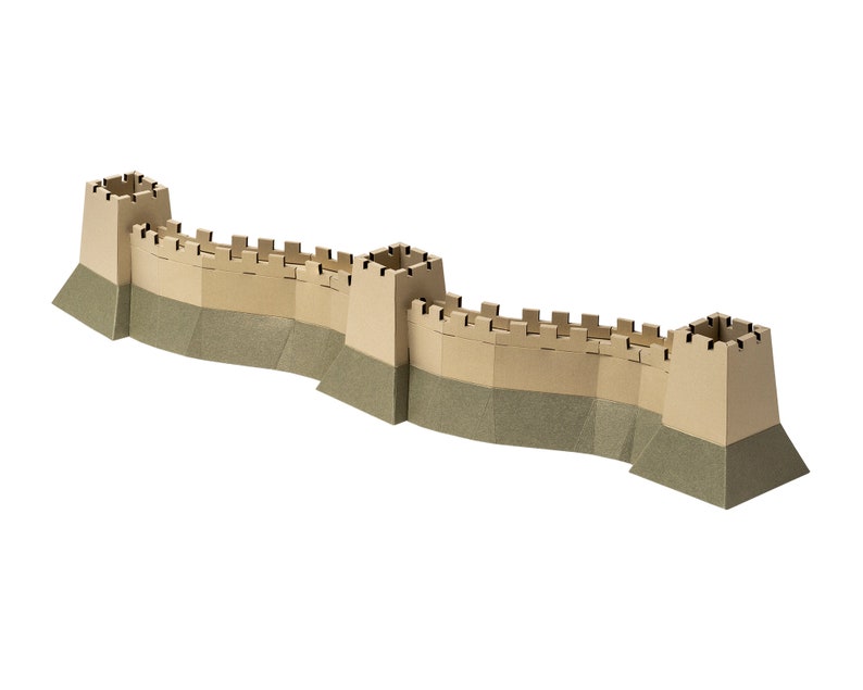 Assembled 3d paper model of the Great Wall of China. The model is made out of paper parts in beige and olive green color, it features three towers and two wall segments with crenellation.