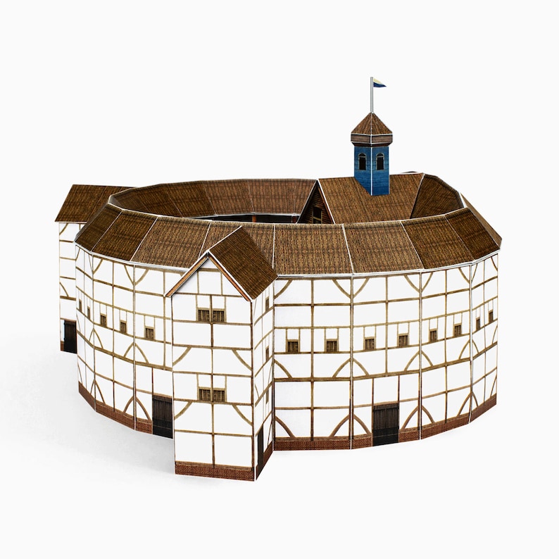 Assembled paper model of the Globe Theatre with an open-air yard, a raised stage with a brown roof and blue tower, and three tiers of roofed galleries. Made from sturdy cardstock, the model captures the historic architecture in intricate detail.