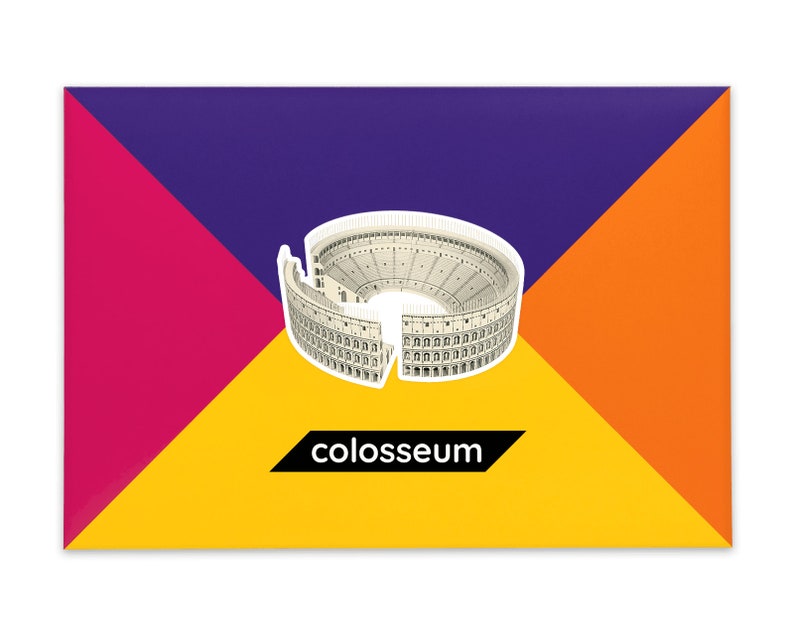 Product packaging for the Roman Colosseum paper model kit. A recangular bright coloured cardstock envelope features four large triangles in yellow, magenta, purple and orange with an image of a finished model at the centre, the product title below.