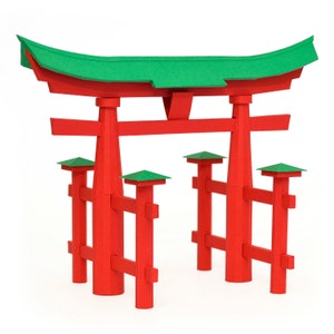 Assembled 3d scale model of the Torii Gate, the symbolic gateway which marks the entrance to the Itsukushima Shrine on the island of Miyajima in Japan. The model is made out of red and green paper.