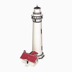 May include: A white lighthouse with a black and white striped roof and a red top. A small red-roofed building is attached to the base of the lighthouse.