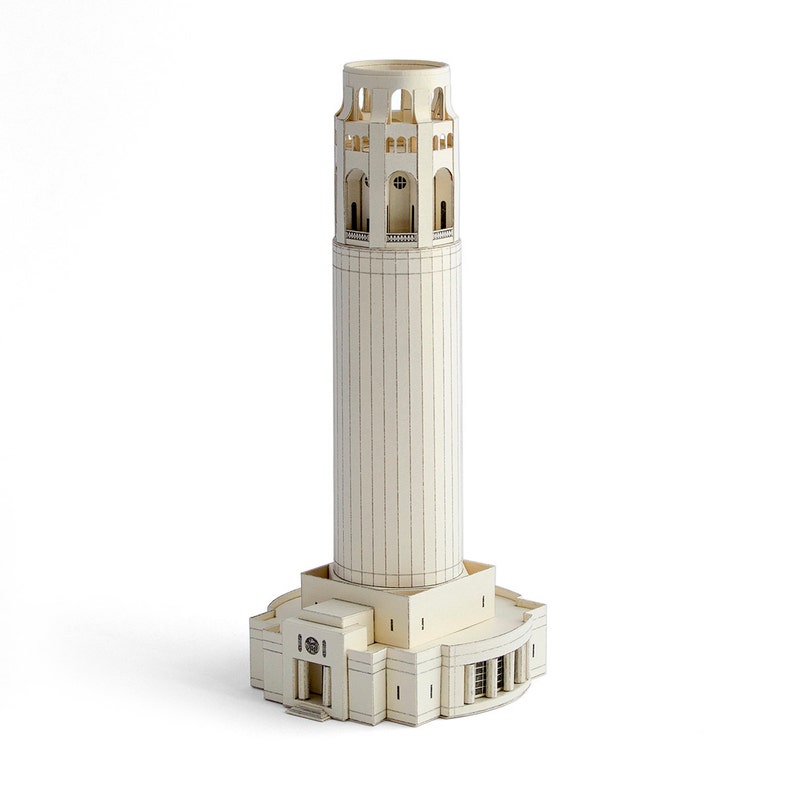 Assembled a 3D paper model of the Coit Tower, an iconic architectural landmark for San Francisco. The model is made out of beige cardboard pieces with black printed details.