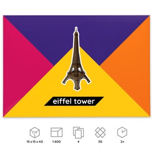 Packaging for PaperLandmarks' Eiffel Tower  paper model kit, icons below explain dimensions and scale of a finished model, number of worksheets included in the kit, parts to be cut out and assembled, time required for building the model.