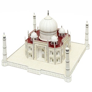 The exterior overview of the 3D paper model of Taj Mahal shows its central dome, four kiosk domes, and four minarets which are aligned on a base.