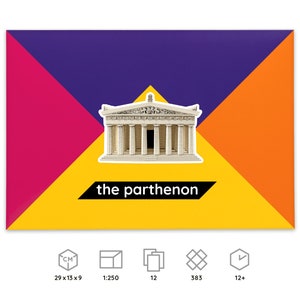 Packaging for the Parthenon paper model kit, icons below explain dimensions and scale of a finished model, number of worksheets included in the kit, parts to be cut out and assembled, time required for building the model.