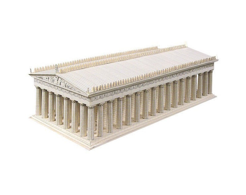 3d paper model of the Parthenon, the former temple of the Doric order on the Athenian Acropolis, Greece, dedicated to the goddess Athena. The model of  is placed in three quarters view featuring colonade, the west pediment, metopes, the roof.