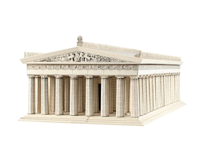 Assembled 3d paper model of the Parthenon, the former temple of Doric order on the Athenian Acropolis, Greece, dedicated to the goddess Athena. The model is placed in three quarters view featuring colonade, the west pediment, metopes, the roof.