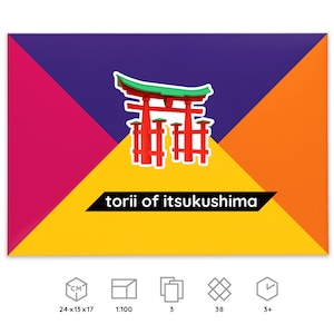 Packaging for Torii of Itsukushima paper model kit, icons below explain dimensions and scale of a finished model, number of worksheets included in the kit, parts to be cut out and assembled, time required for building the model.