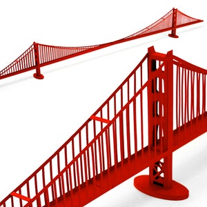 Combination of a closeup of a part and a diagonal view of entire 3d scale model of the Golden Gate bridge, made out of bright red die-cut cardstock parts. The model features two art-deco style bridge towers, a deck and cables.