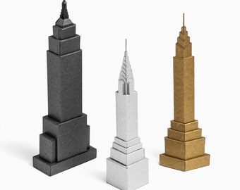 ART DECO Inspired Skyscrapers, Pre-Cut Paper Model Gift Kit, Make Three Architectural Miniatures from Luxury Card, Silver, Gold and Platinum