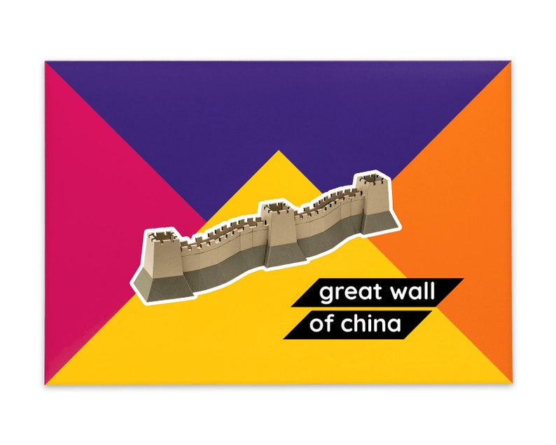 Product packaging for the Great Wall of China paper model kit. A bright coloured cardstock envelope features four large triangles in yellow, magenta, purple and orange with an image of a finished model at the centre and the product title below.