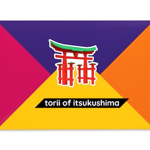 Product packaging for the Torii of Itsukushima paper model kit. A bright coloured cardstock envelope features four large triangles in yellow, magenta, purple and orange with an image of a finished model at the centre and the product title below.