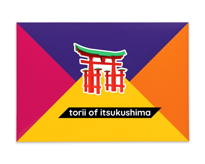 Product packaging for the Torii of Itsukushima paper model kit. A bright coloured cardstock envelope features four large triangles in yellow, magenta, purple and orange with an image of a finished model at the centre and the product title below.