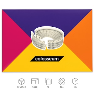 Packaging for the PaperLandmarks' Roman Colosseum paper model kit, icons below explain dimensions and scale of a finished model, number of worksheets included in the kit, parts to be cut out and assembled, time required for building the model.