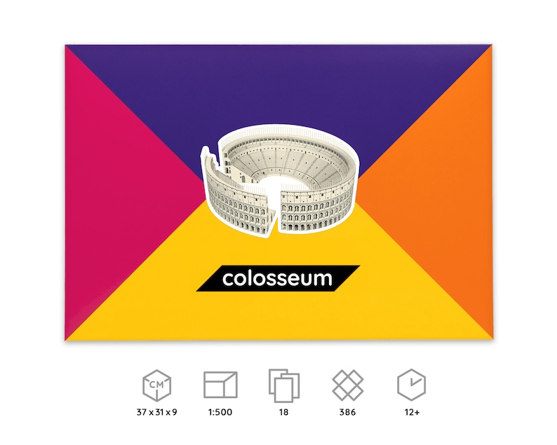 Packaging for the PaperLandmarks' Roman Colosseum paper model kit, icons below explain dimensions and scale of a finished model, number of worksheets included in the kit, parts to be cut out and assembled, time required for building the model.