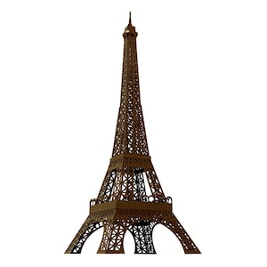 Bronze-colored 3d paper scale model of the Eiffel Tower, made out of pre-cut paper parts.