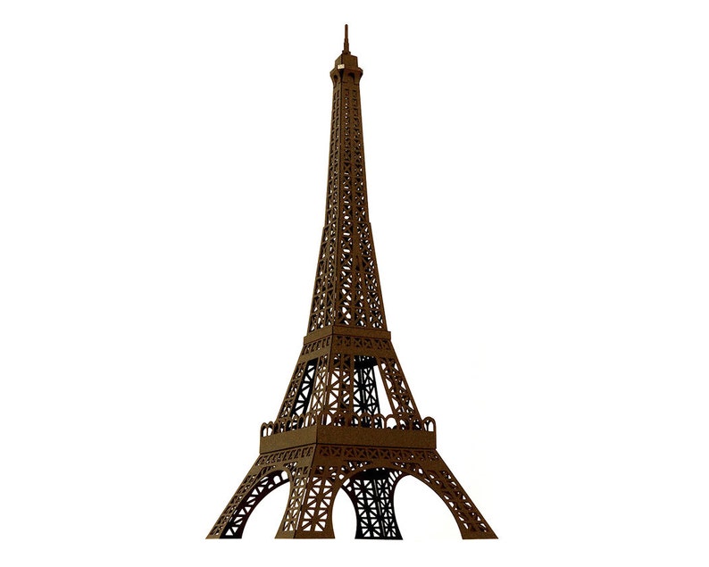 Bronze-colored 3d paper scale model of the Eiffel Tower, made out of pre-cut paper parts.