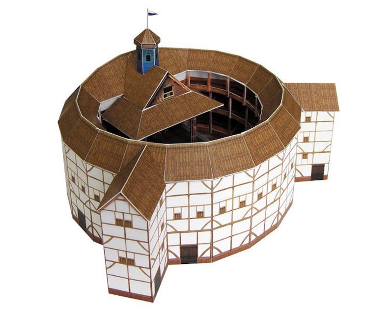 Assembled paper model of the Globe Theatre features an open-air central yard, a raised stage with a brown roof and a small blue tower, three tiers of roofed galleries around the yard. The model is made out of paper parts, printed on sturdy cardstock.