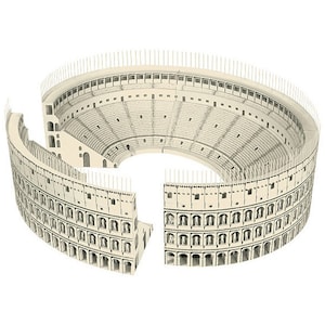 Assembled 3d scale model of the Roman Colosseum. The model of the ancient oval amphitheatre is made out of printed paper parts, the graphics feature external wall colonades and corridors and the inside with tiers of seats.