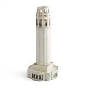 Assembled a 3D paper model of the Coit Tower, an iconic architectural landmark for San Francisco. The model is made out of beige cardboard pieces with black printed details.