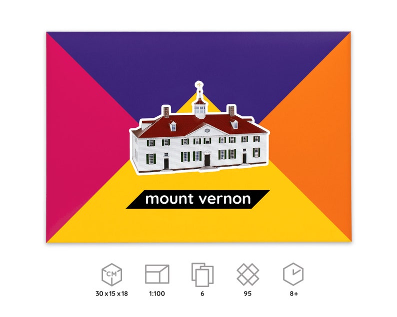 Packaging for Mount Vernon paper model kit, icons below explain dimensions and scale of a finished model, number of worksheets included in the kit, parts to be cut out and assembled, time required for building the model.