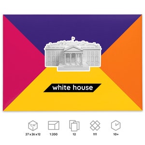 Packaging for the PaperLandmarks' White House paper model kit, icons below explain dimensions and scale of a finished model, number of worksheets included in the kit, parts to be cut out and assembled, time required for building the model.
