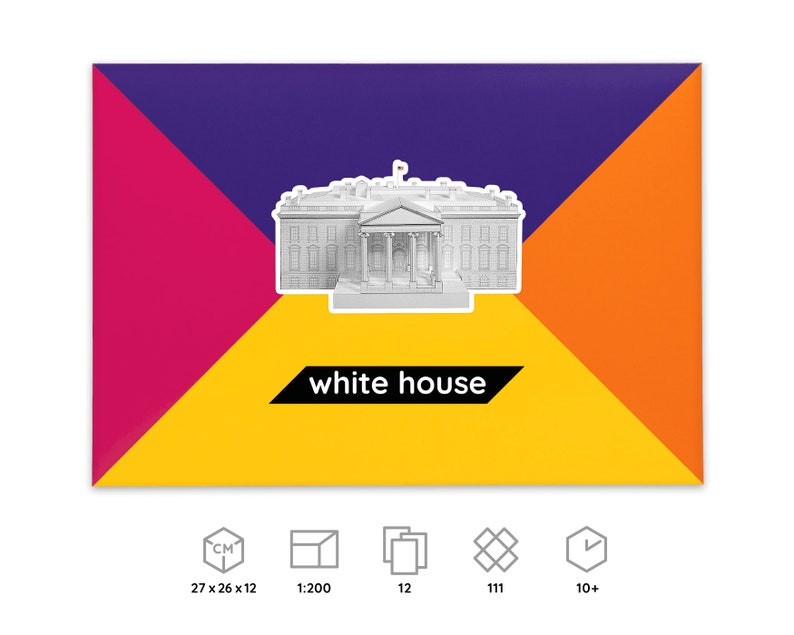 Packaging for the PaperLandmarks' White House paper model kit, icons below explain dimensions and scale of a finished model, number of worksheets included in the kit, parts to be cut out and assembled, time required for building the model.