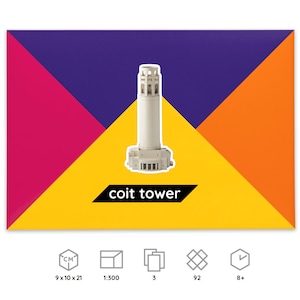 Packaging for the PaperLandmarks' Coit Tower paper model kit, icons below explain dimensions and scale of a finished model, number of worksheets included in the kit, parts to be cut out and assembled, time required for building the model.
