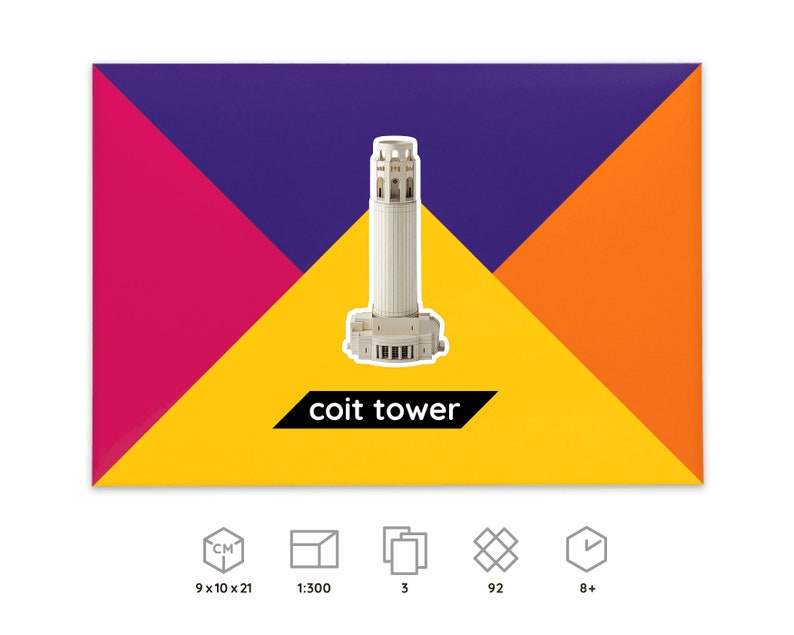 Packaging for the PaperLandmarks' Coit Tower paper model kit, icons below explain dimensions and scale of a finished model, number of worksheets included in the kit, parts to be cut out and assembled, time required for building the model.