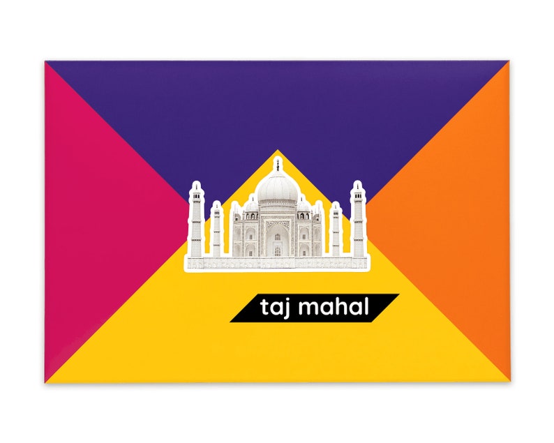 Product packaging for the Taj Mahal paper model kit. A recangular bright coloured cardstock envelope features four large triangles in yellow, magenta, purple and orange with an image of a finished model at the centre and the product title below.