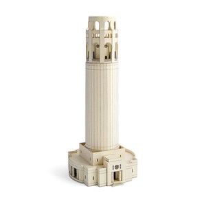 Assembled a 3D paper model of the Coit Tower, an iconic architectural landmark for San Francisco. The model is made out of beige cardboard pieces with black printed details.