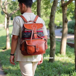 Luxury Handmade, Moroccan Leather Backpack, Bohemian Chic Travel Back, hippie backpack, Kilim Handcrafted backpack, western backpack,