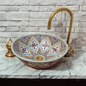 Traditional Moroccan Ceramic Sink,  Bohemian Vanity Bowl with Brass, Moroccan Pottery Bathroom Sink, Artisan Bathroom Decor