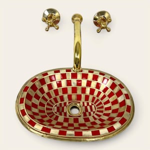 Handcrafted Oval Sink with Red Resin, Copper Faucet Included, Masterfully Crafted Oval Sink, Moroccan sink