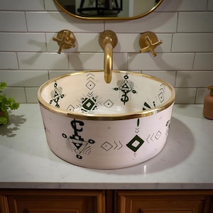 Handmade Moroccan Ceramic Sink: Amazigh Berber Style with Brass Finish