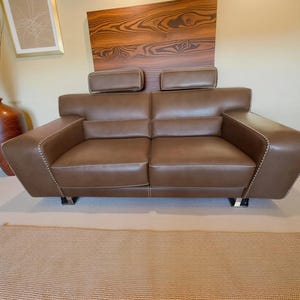 Handmade Brown Leather Sofa | Modern 2-Seater Couch with Adjustable Headrests | Mid Century Leather Loveseat | Luxury Living Room Furniture