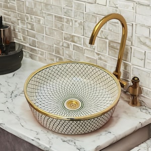Moroccan Pottery Sink – Hand-Painted Ceramic Basin, Artisan Bathroom Vanity Sink, Bohemian Bathroom Décor, Brass Rim Ceramic Sink