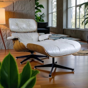 Luxurious White Leather Lounge Chair + Ottoman Set - Sleek Mid Century Modern Recliner with Footrest - Classic Vintage Style Custom Armchair