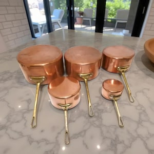 set of 5 Handcrafted Copper Cooking Pot Set Saucepans  – Artisan Cookware for Rustic Kitchen Interior| Quality Cookware, Kitchen Kitchenware